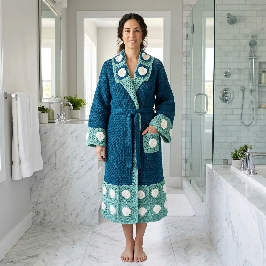 A flowing granny cluster crochet robe in teal