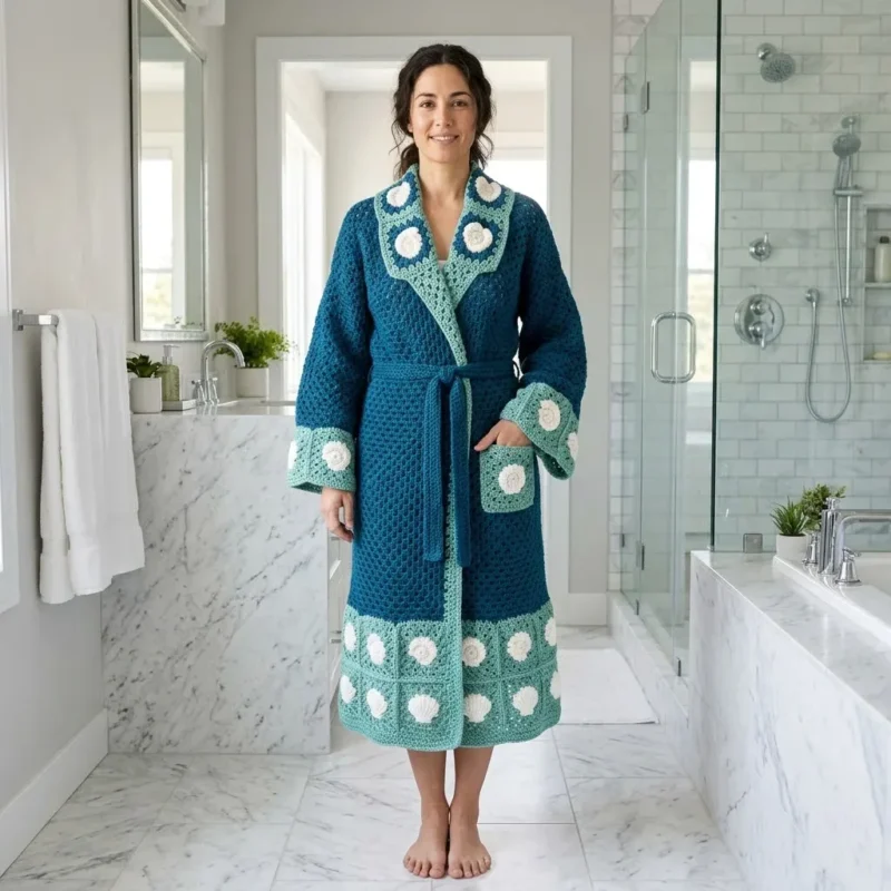 A flowing granny cluster crochet robe in teal — photo 2
