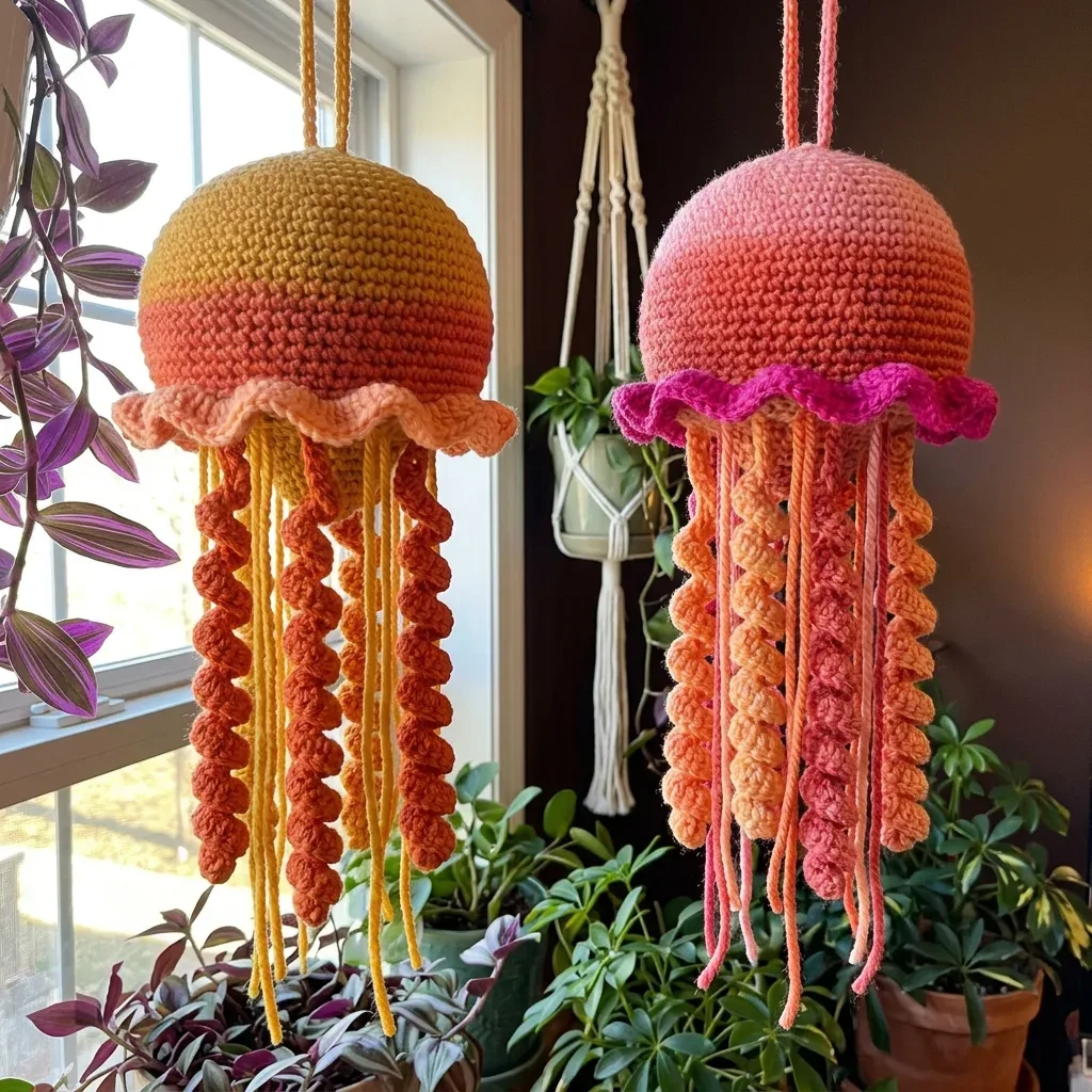 A gradient jellyfish amigurumi with spiral tentacles