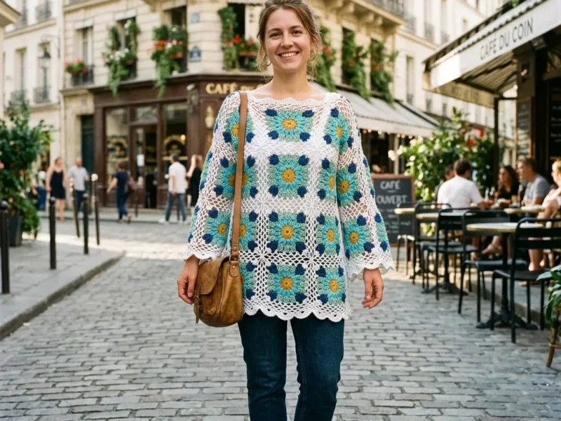 A granny square poncho built from forty ocean-colored squares