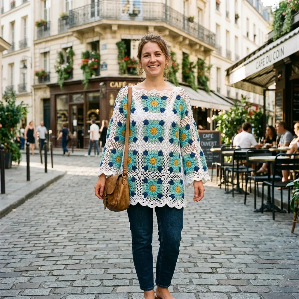 A granny square poncho built from forty ocean-colored squares
