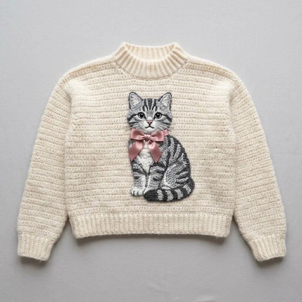 Gray tabby cat amigurumi in a bow sweater