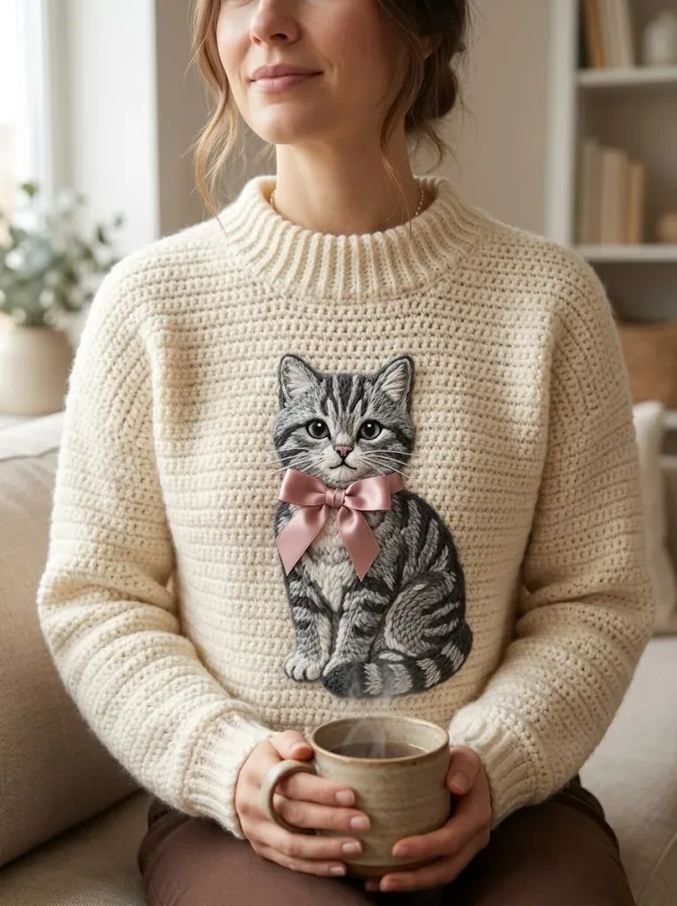 Gray tabby cat amigurumi in a bow sweater — photo 3