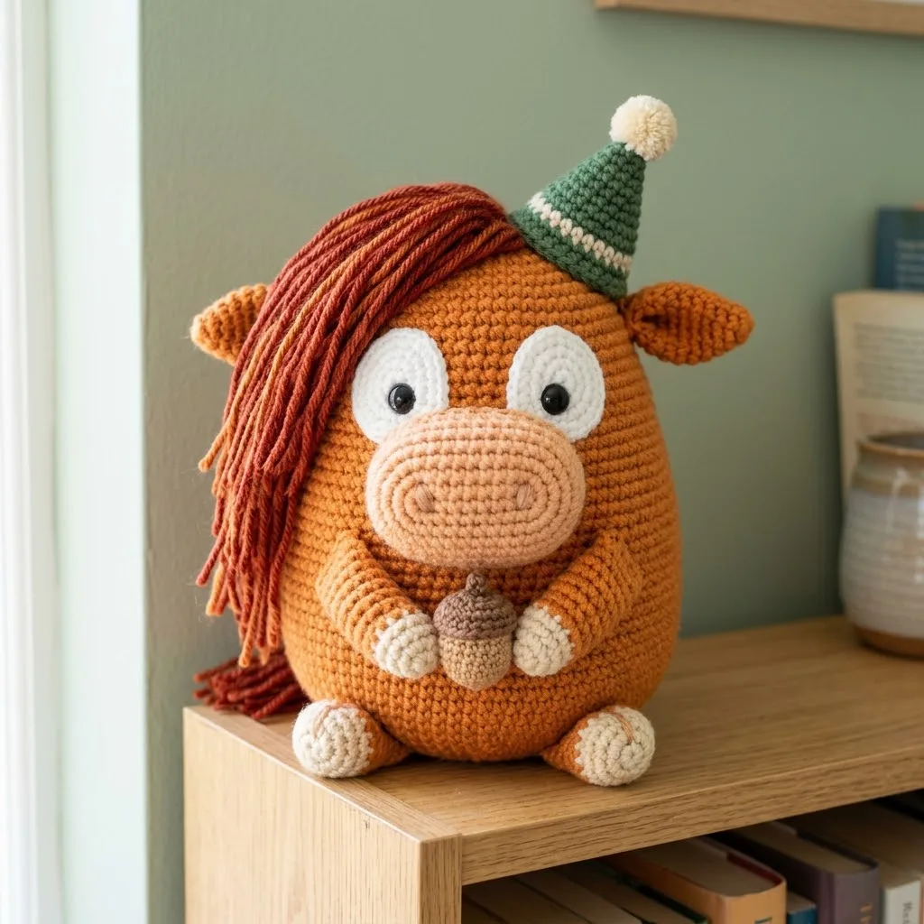 Highland cow amigurumi with a shaggy ginger mane