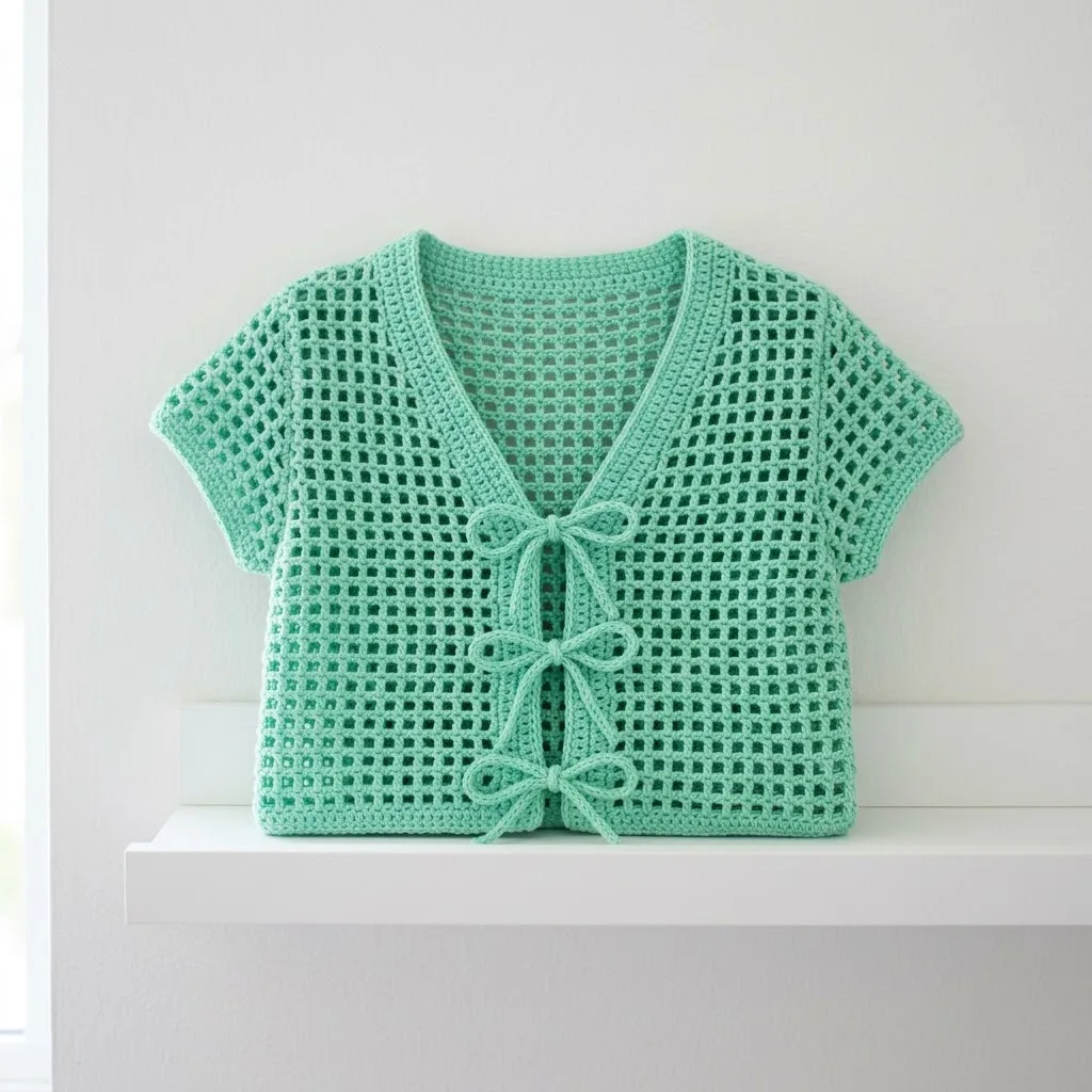 Lace tie cardigan in mint green cotton