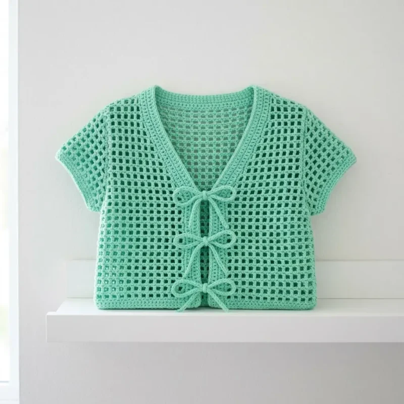 Lace tie cardigan in mint green cotton — photo 2