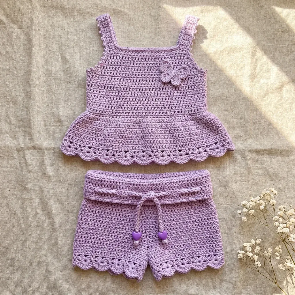 A crocheted lavender baby tank top with a butterfly applique