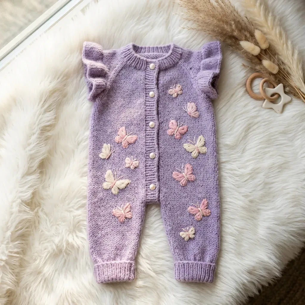 Lavender butterfly baby romper with HDC moss stitch