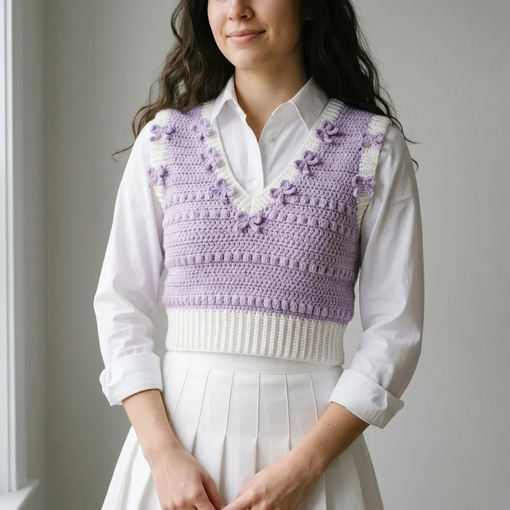 Lavender dream bow vest crochet pattern with puff stitch detail