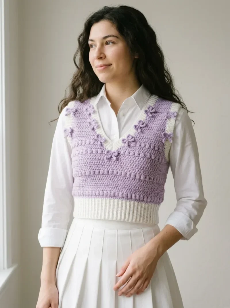 Lavender dream bow vest crochet pattern with puff stitch detail — photo 3