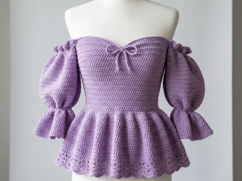 Lavender ribbed peplum crochet top with bow ties