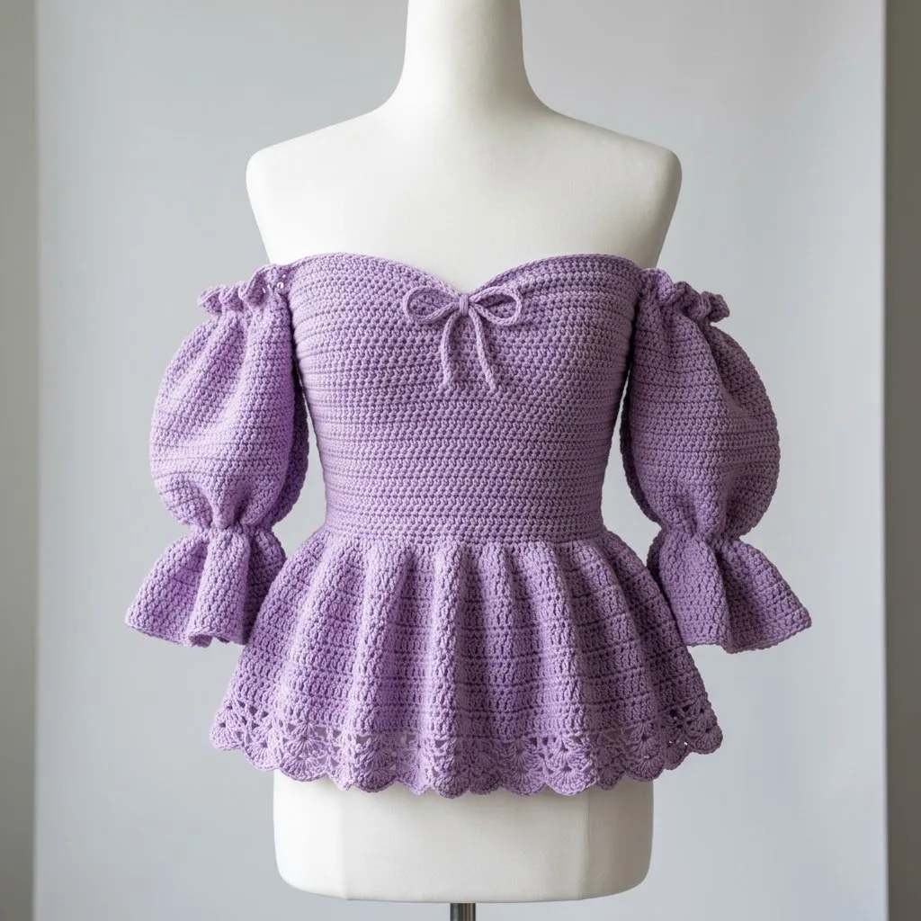 Lavender ribbed peplum crochet top with bow ties
