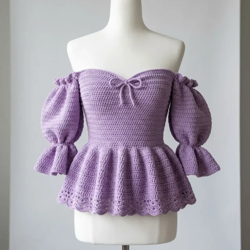 Lavender ribbed peplum crochet top with bow ties — photo 2