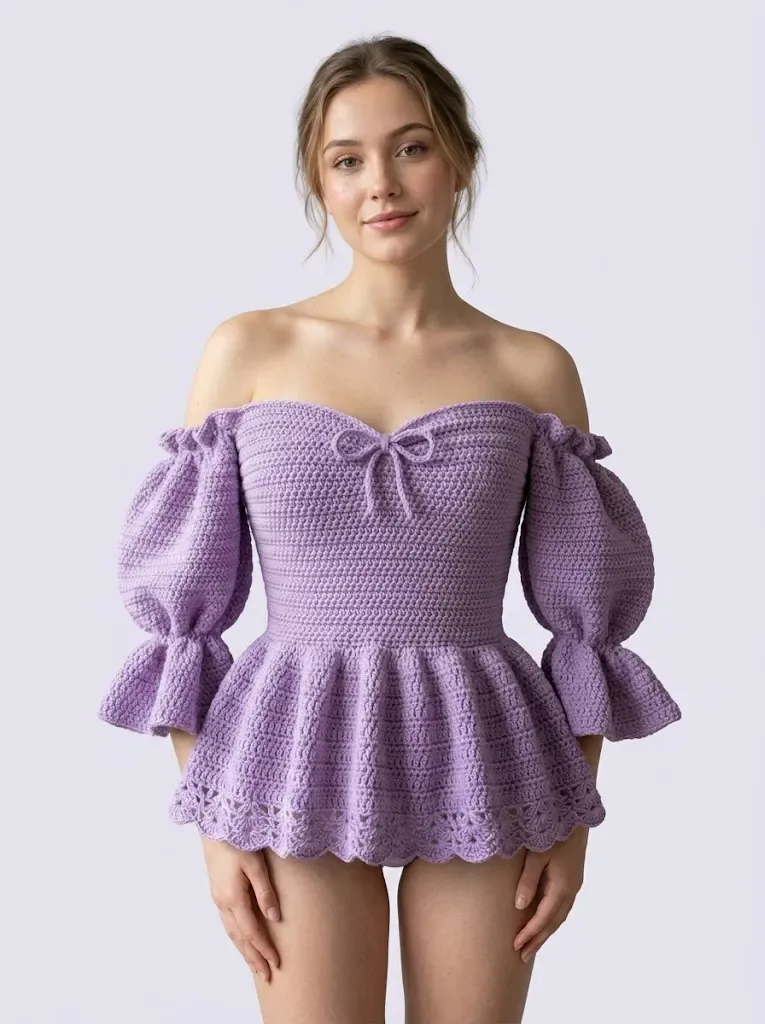 Lavender ribbed peplum crochet top with bow ties — photo 3