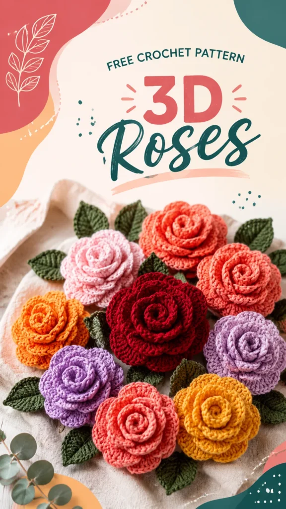 Layered 3D crochet rose with three petal sizes