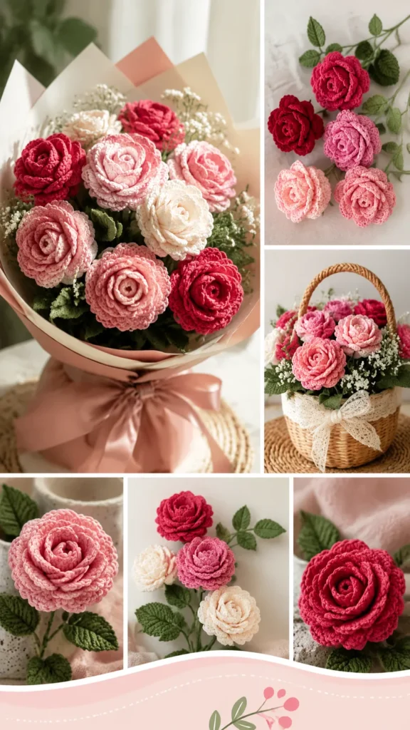 Layered crochet rose bouquet with petals, leaves, and stems