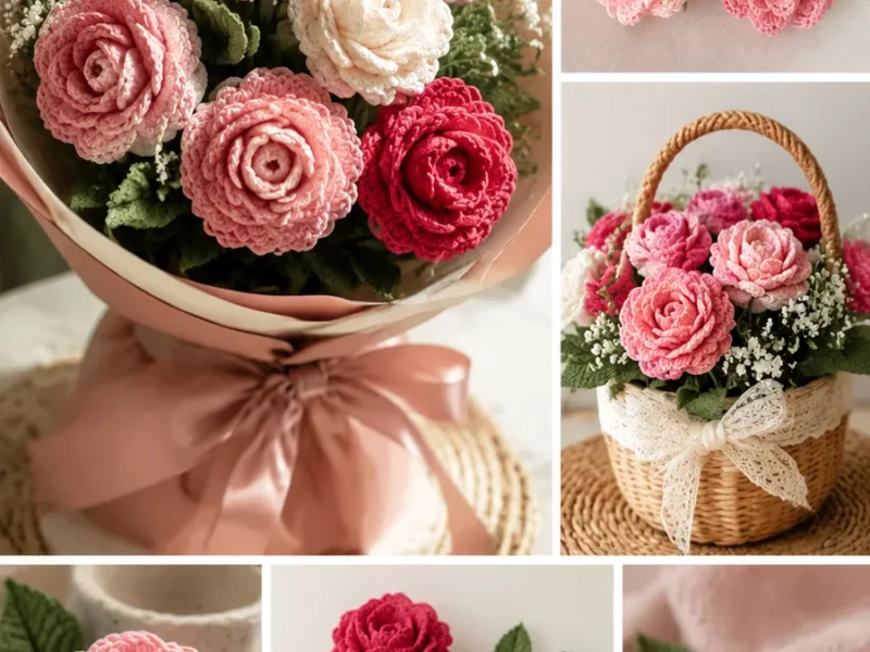 Layered crochet rose bouquet with petals, leaves, and stems