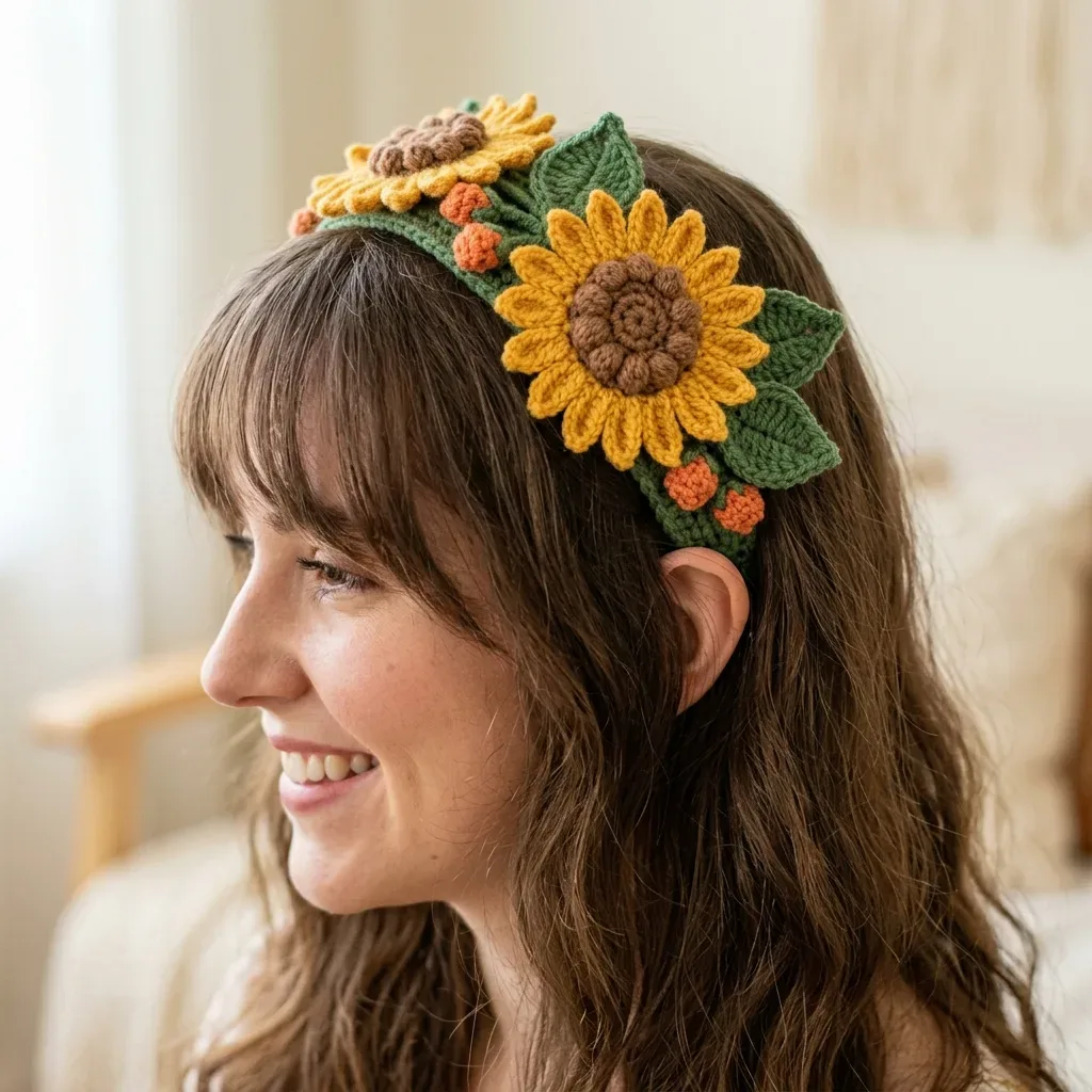 Layered sunflower crochet headpiece with band cover