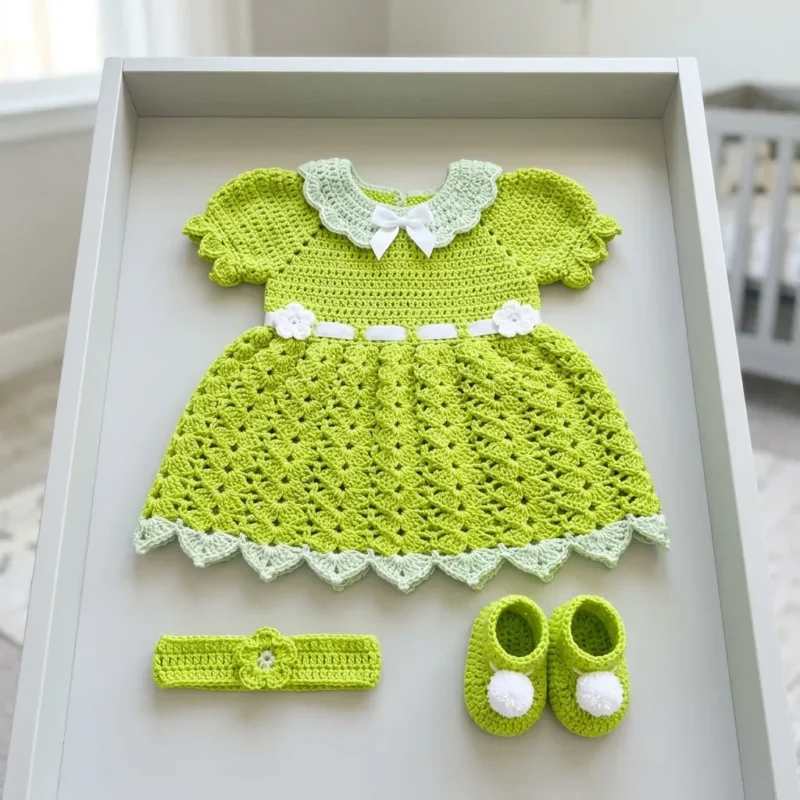 A lime green fairy dress for baby, crocheted in shells — photo 2