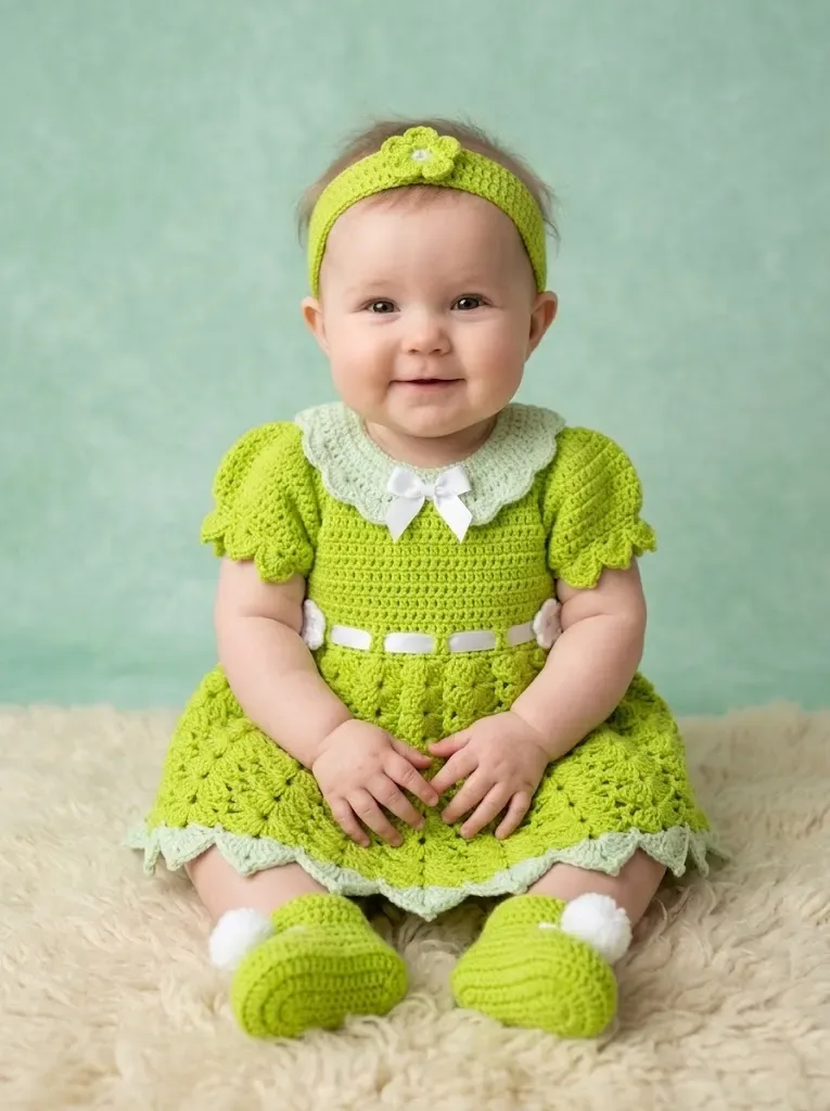 A lime green fairy dress for baby, crocheted in shells — photo 3