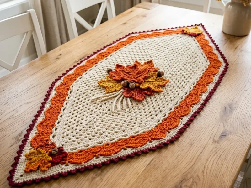 Maple leaf table runner in open mesh stitch