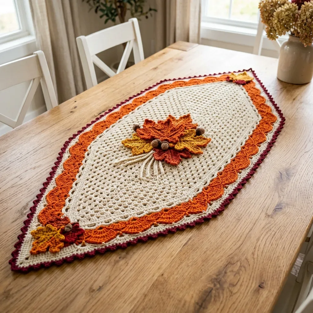 Maple leaf table runner in open mesh stitch