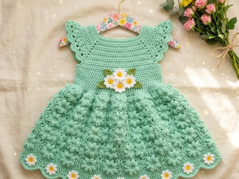 A mint daisy baby dress worked top-down in crochet