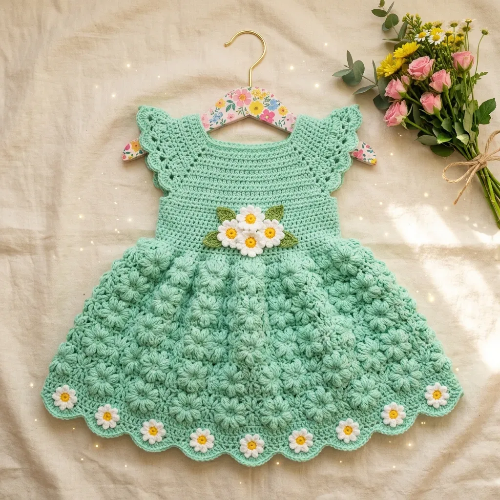 A mint daisy baby dress worked top-down in crochet