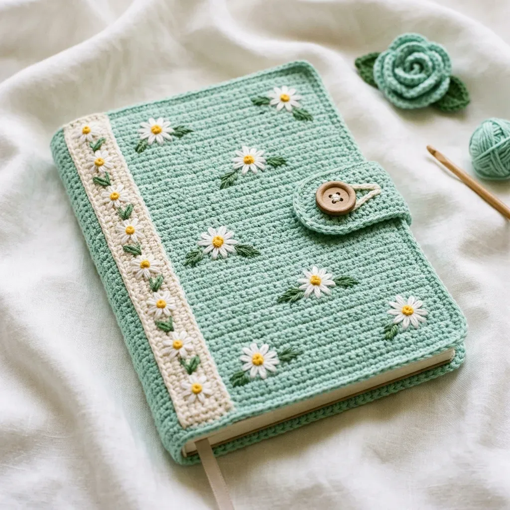 Mint daisy crochet notebook cover with cream border
