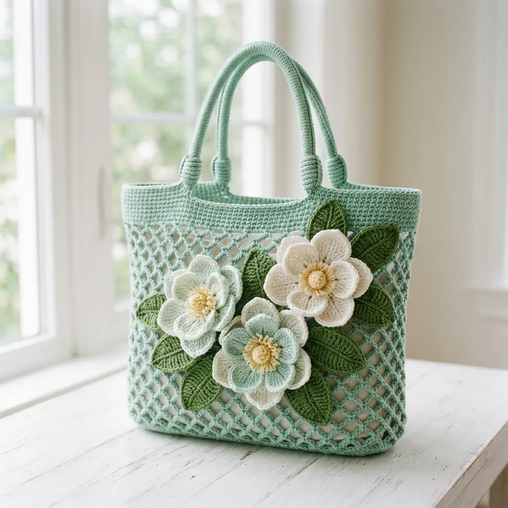 Mint green magnolia mesh market tote crochet pattern