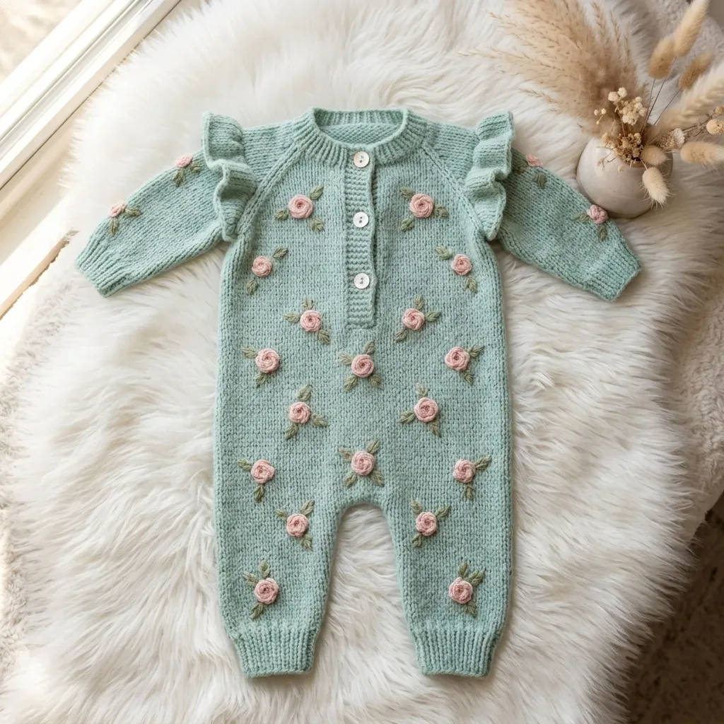 Mint green rose baby romper with raglan yoke