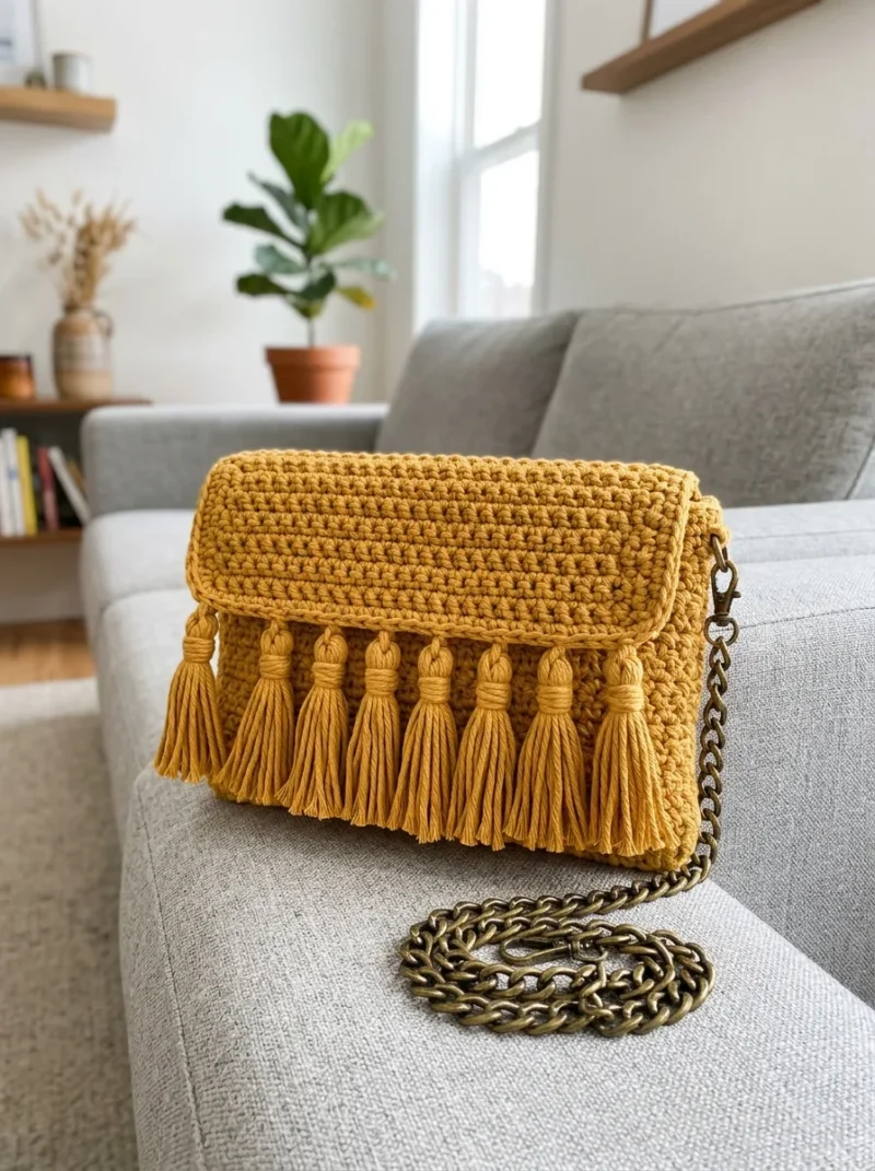 Mustard yellow boho tassel bag with chain strap — photo 2