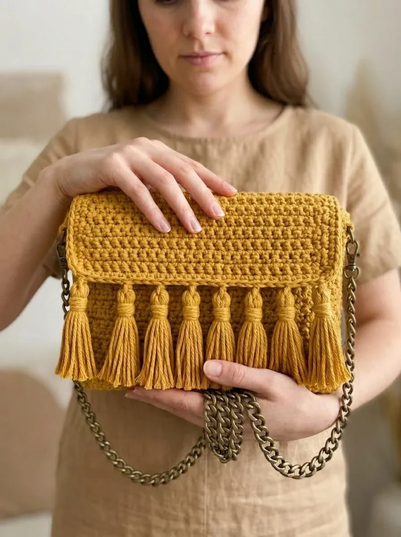 Mustard yellow boho tassel bag with chain strap — photo 3