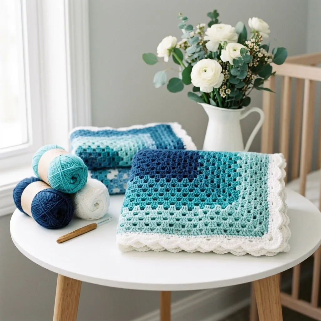 Ocean waves ombre granny square blanket crochet pattern