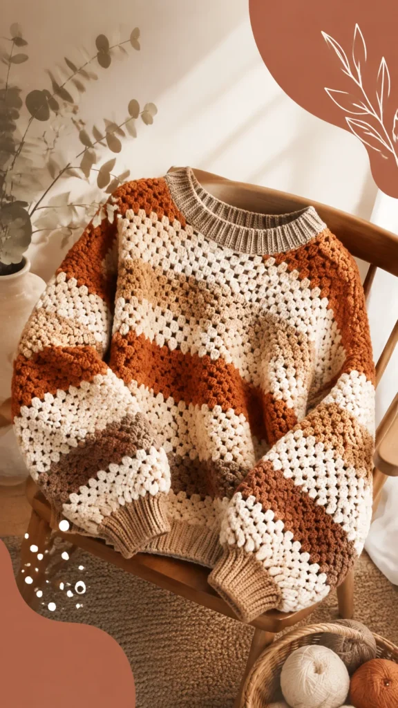 Oversized textured cluster crochet sweater in warm neutrals