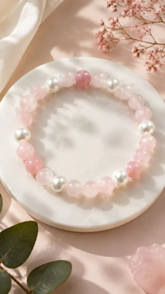 Pink beaded crochet bracelet with pearl accents