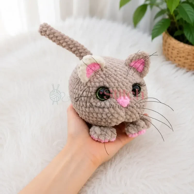 A plush amigurumi cat with tacked facial features — photo 2