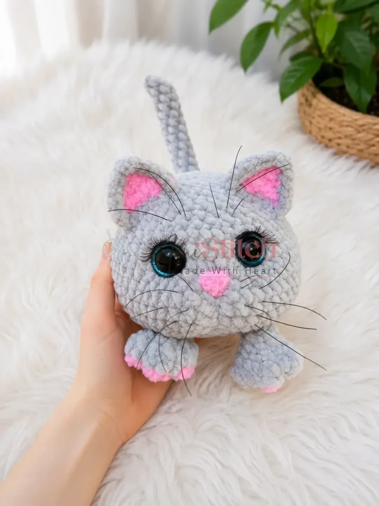 A plush amigurumi cat with tacked facial features