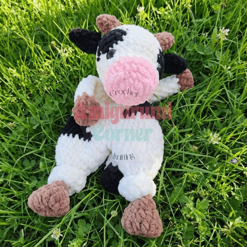 A plush crochet cow lovey for baby comfort