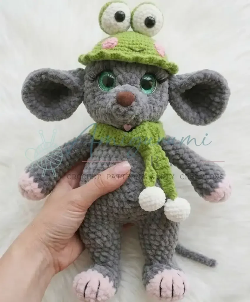 Plush mouse amigurumi pattern with a tiny frog hat