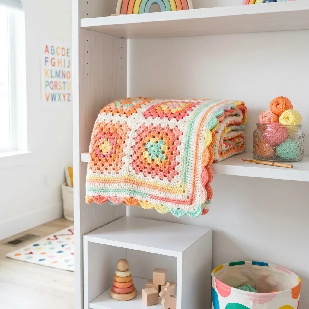 Rainbow sherbet granny squares make a cheerful baby blanket