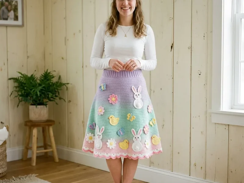 A ribbed-waist crochet skirt with bunny and daisy appliques