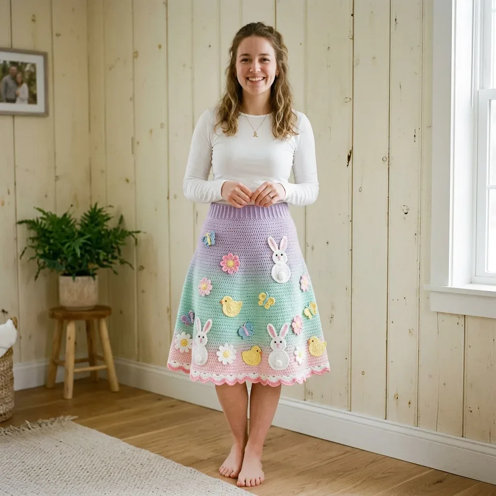 A ribbed-waist crochet skirt with bunny and daisy appliques