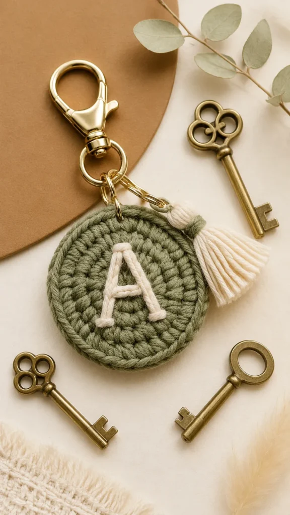 Round medallion crochet keychain charm with tassel