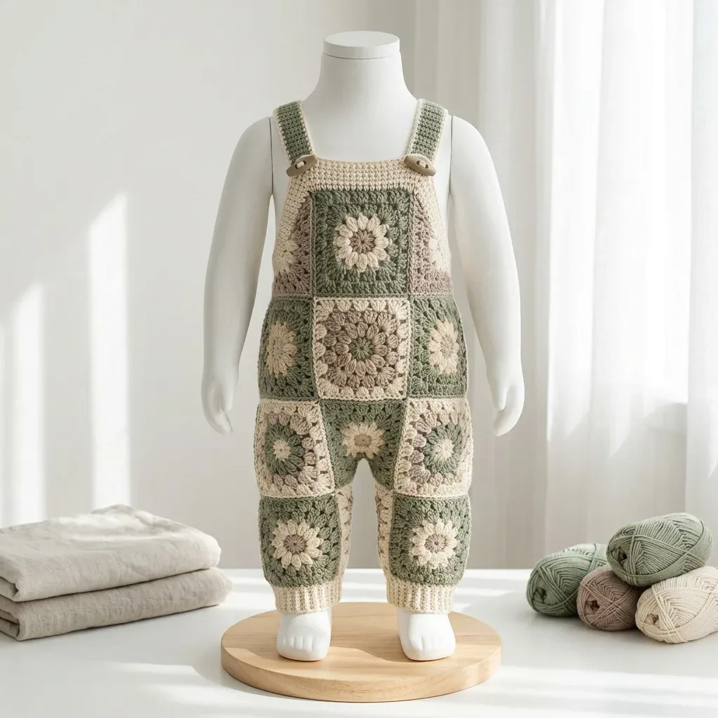 Granny square baby overalls in sage and cream