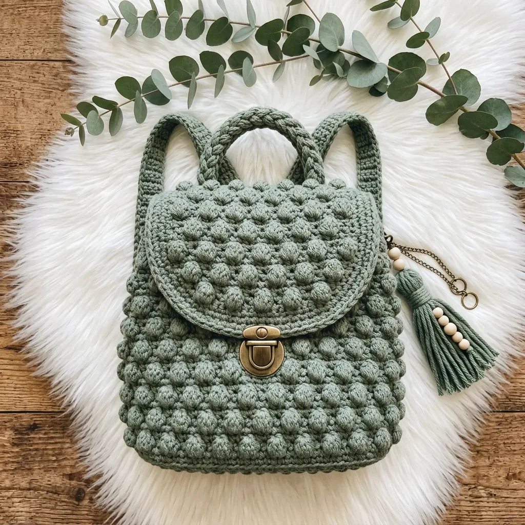 Sage green boho backpack with puff stitch front panel