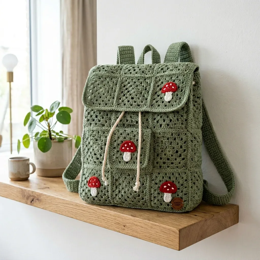 Sage green mushroom cottage backpack crochet pattern