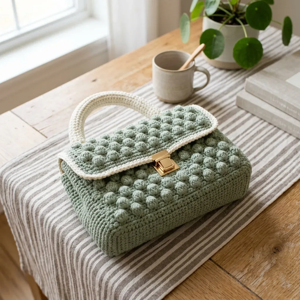 Sage green textured bobble clutch bag pattern