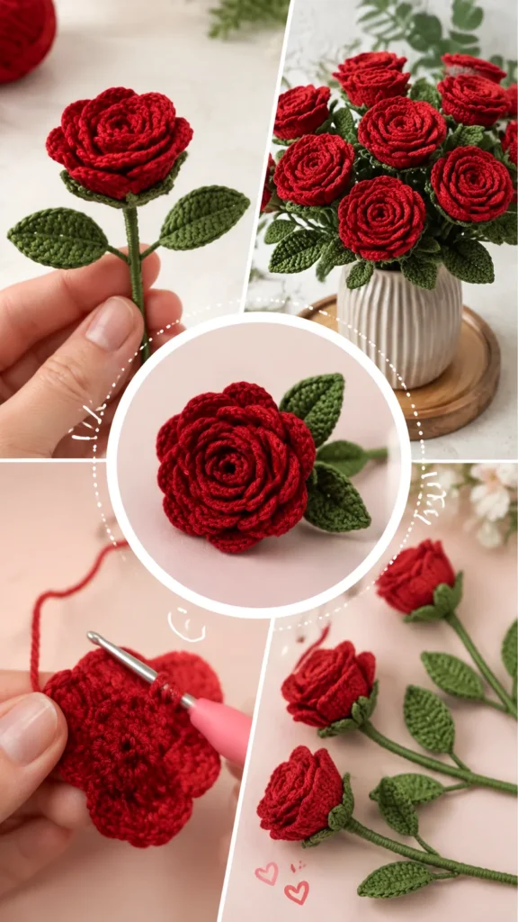 Small crocheted rose with layered petals and leaves