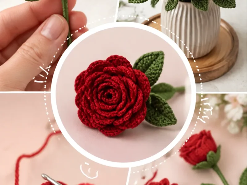 Small crocheted rose with layered petals and leaves